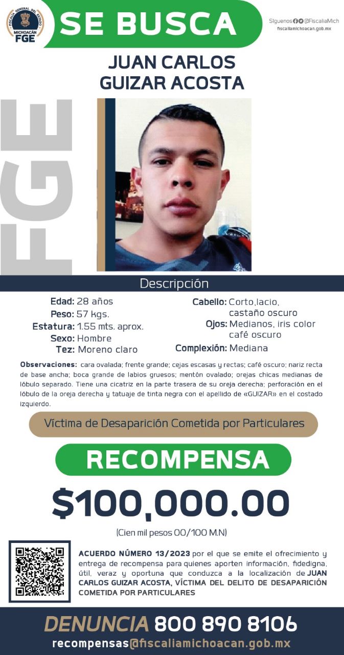Se ofrece una recompensa de 100 mil pesos, para quienes aporten información fidedigna, útil y oportuna que conduzca a la localización de Carlos Guizar Acosta