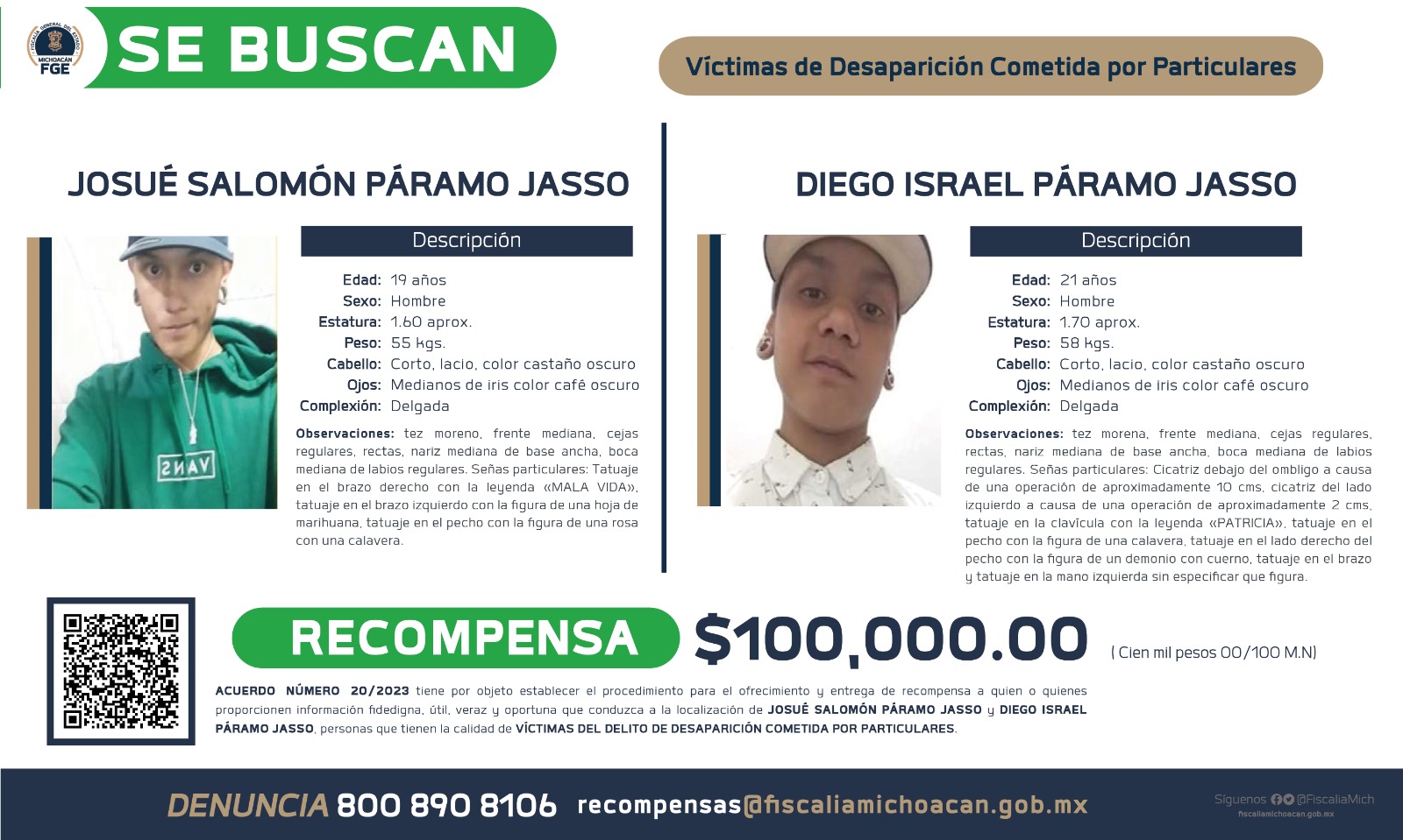 Ofrece FGE recompensa para localizar a dos personas víctimas del delito de desaparición en Morelia
