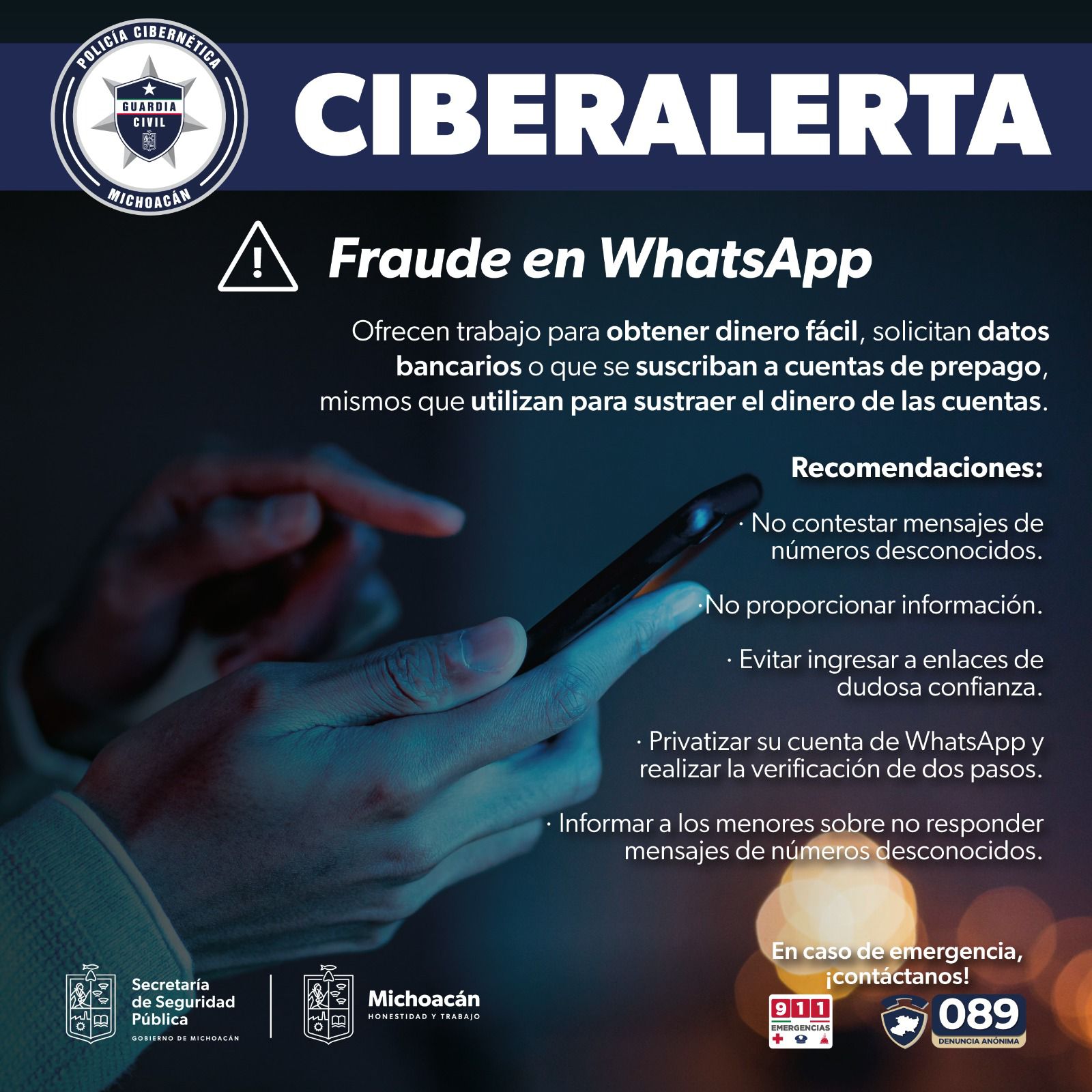 SSP emite alerta por ciberfraude en WhatsApp.