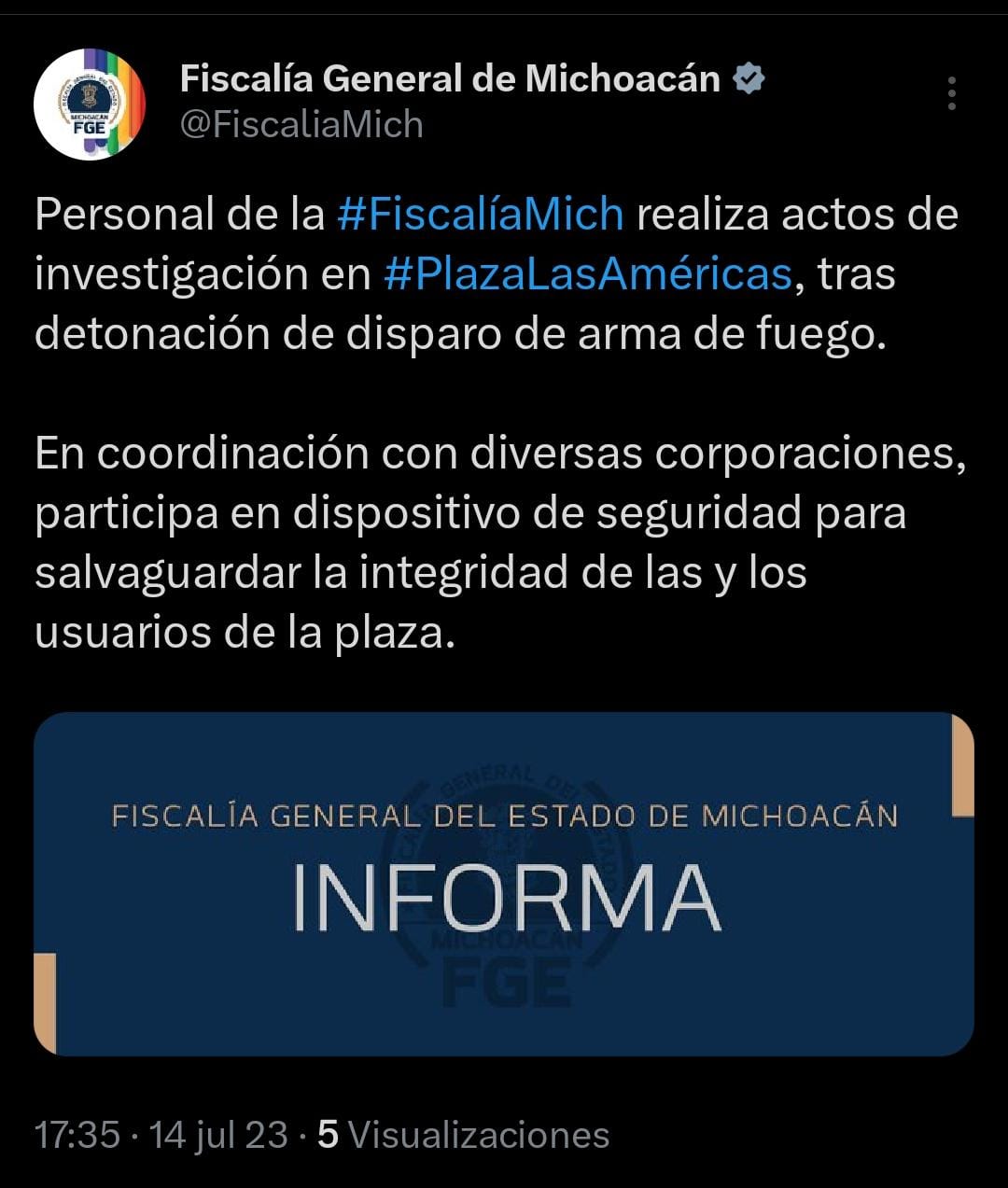 Investiga Fiscalía General, hechos registrados en el estacionamiento de una plaza comercial de Morelia.