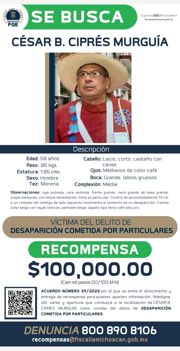 Ofrece FGE recompensa para localizar a César B. Ciprés Murguía víctima de desaparición cometida por particulares.