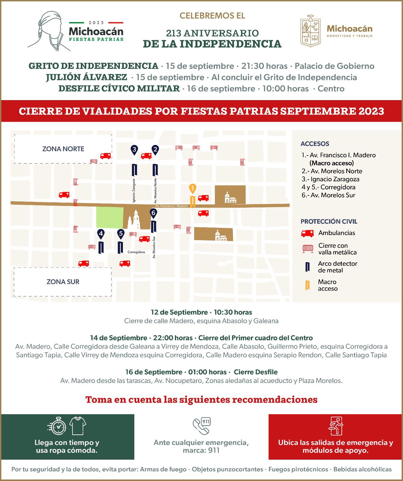 Por fiestas patrias, este martes inician cortes viales en Centro Histórico de Morelia