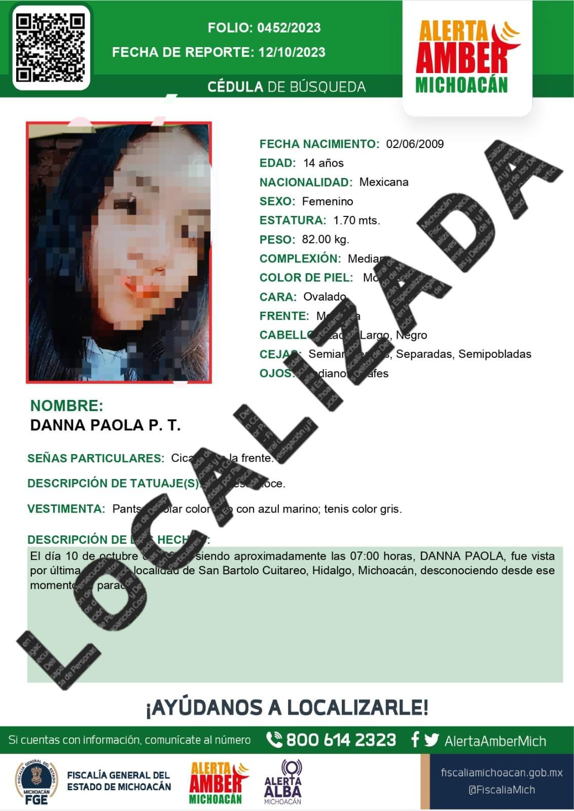 Localiza FGE a adolescente reportada como desaparecida en el municipio Hidalgo.