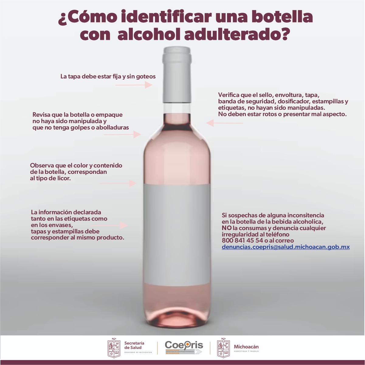 ¡No te arriesgues! Evita intoxicaciones por consumo de alcohol adulterado.