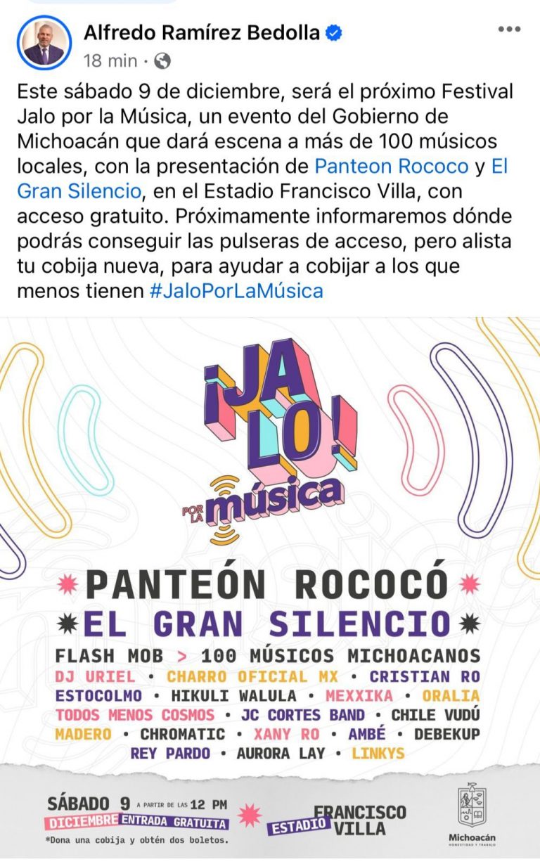 Bedolla anuncia el próximo Jalo por la Música con Panteón Rococó, El Gran Silencio y 17 bandas locales.