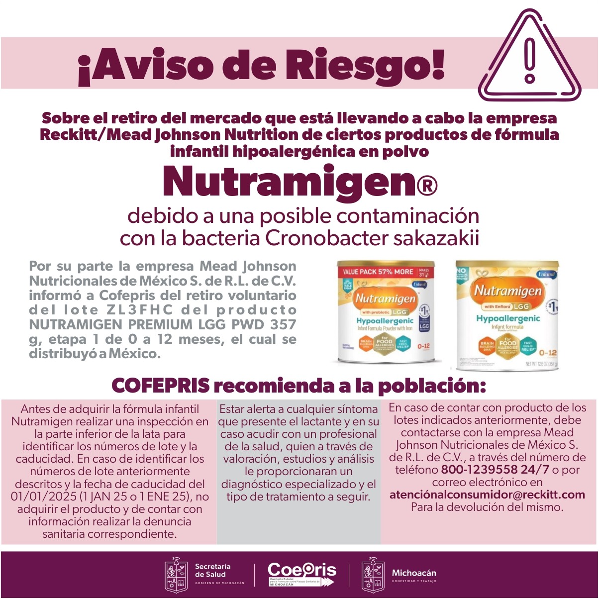 Alerta Coepris por fórmula láctea contaminada