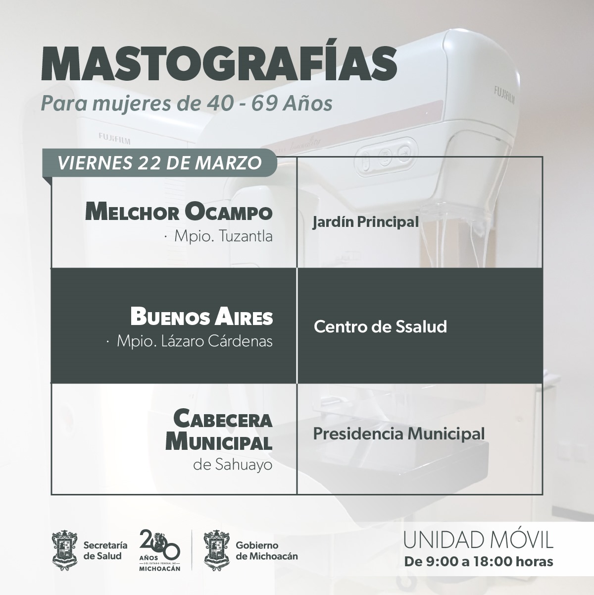SSM realizará mastografías gratuitas en 4 municipios de Michoacán
