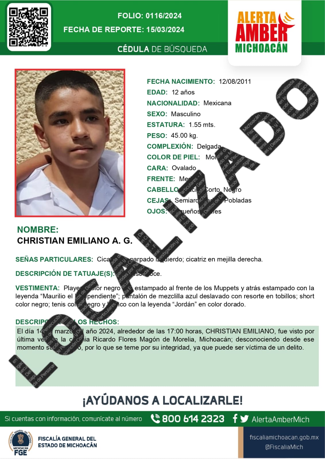 Localiza FGE a niños de 12 años que estaba desaparecido y lo reintegra a su seno familiar