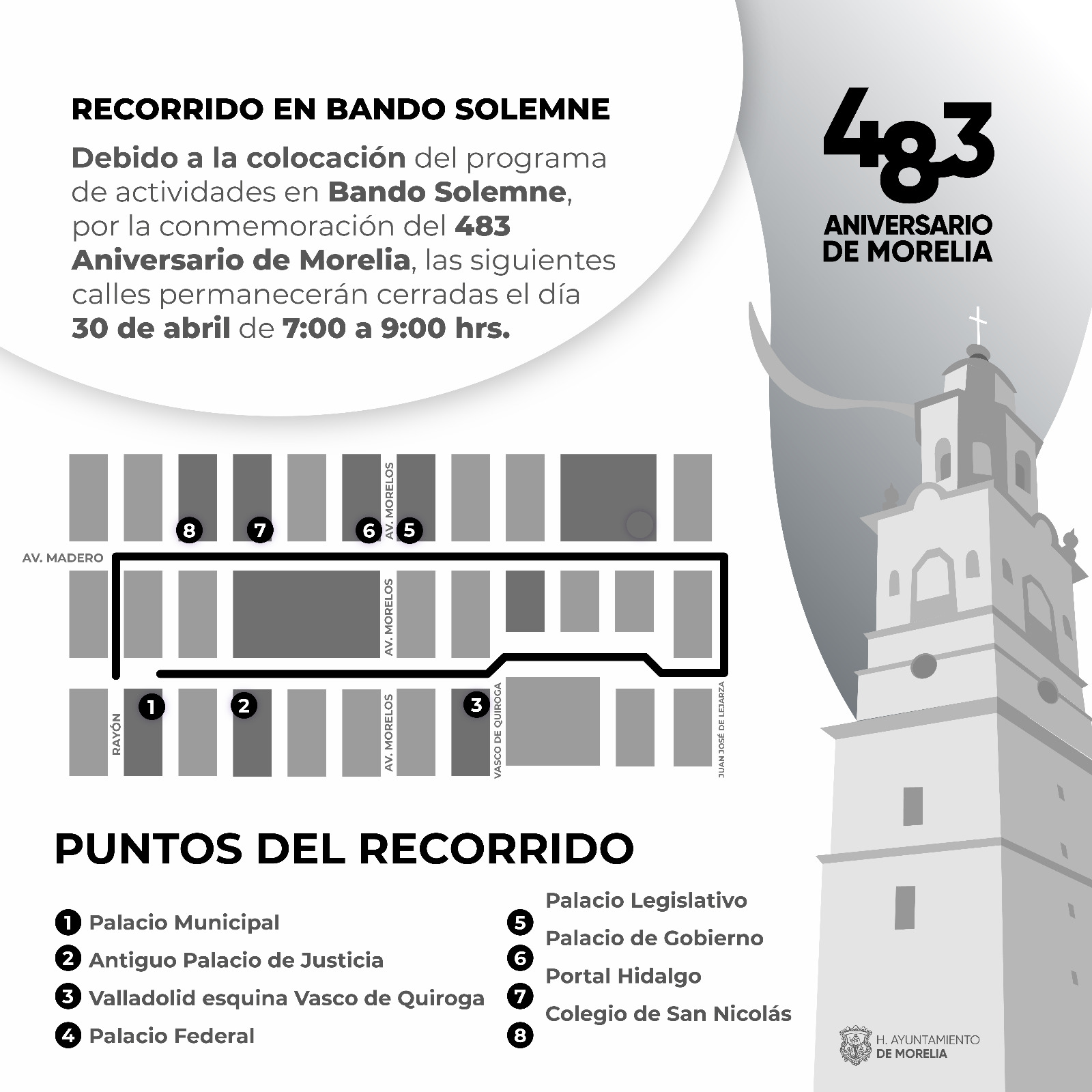 Emite Gobierno de Morelia alerta vial por recorrido en Bando Solemne