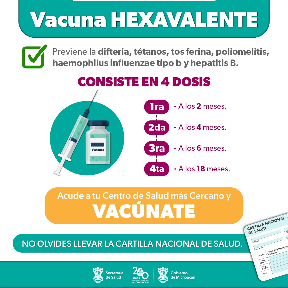 Protege a niñas y niños de 6 enfermedades con la vacuna hexavalente