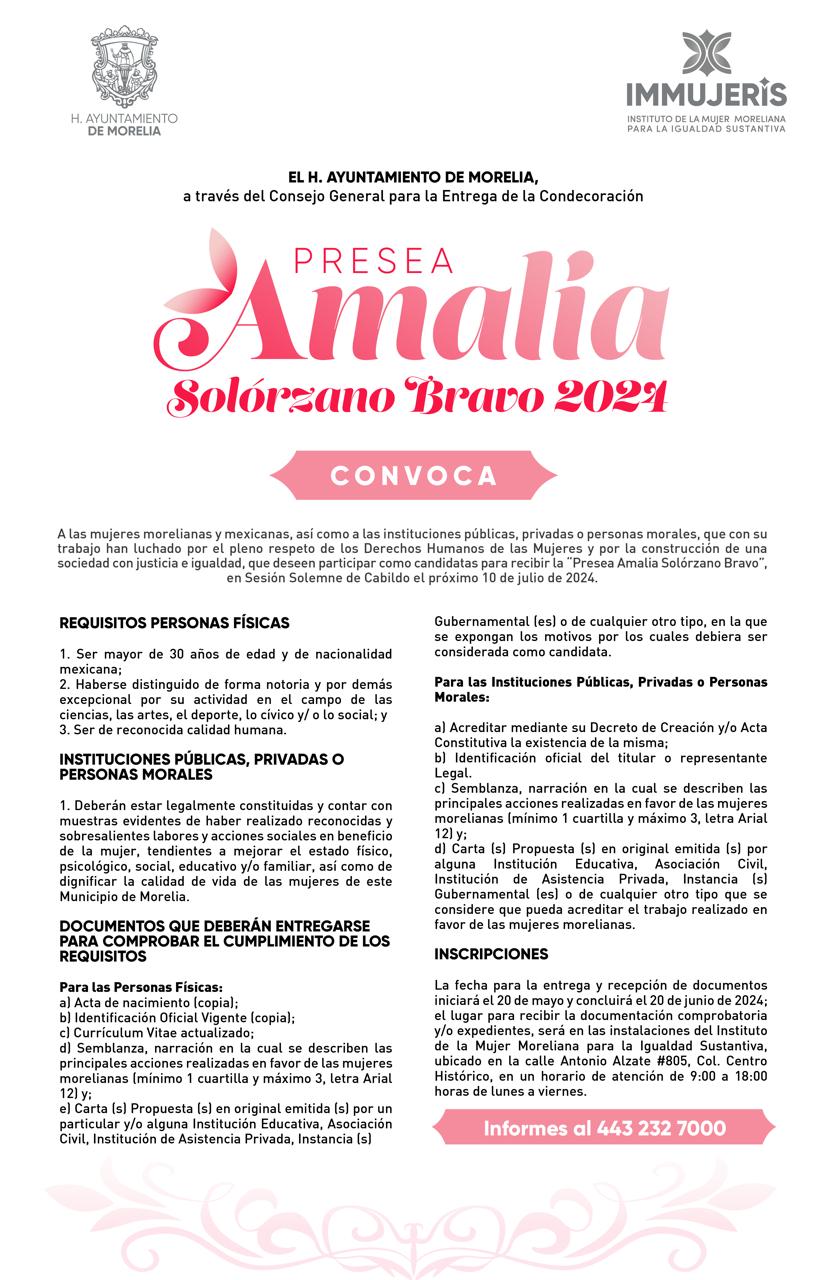 Gobierno de Morelia, abre convocatoria a la Presea “Amalia Solórzano Bravo” 2024