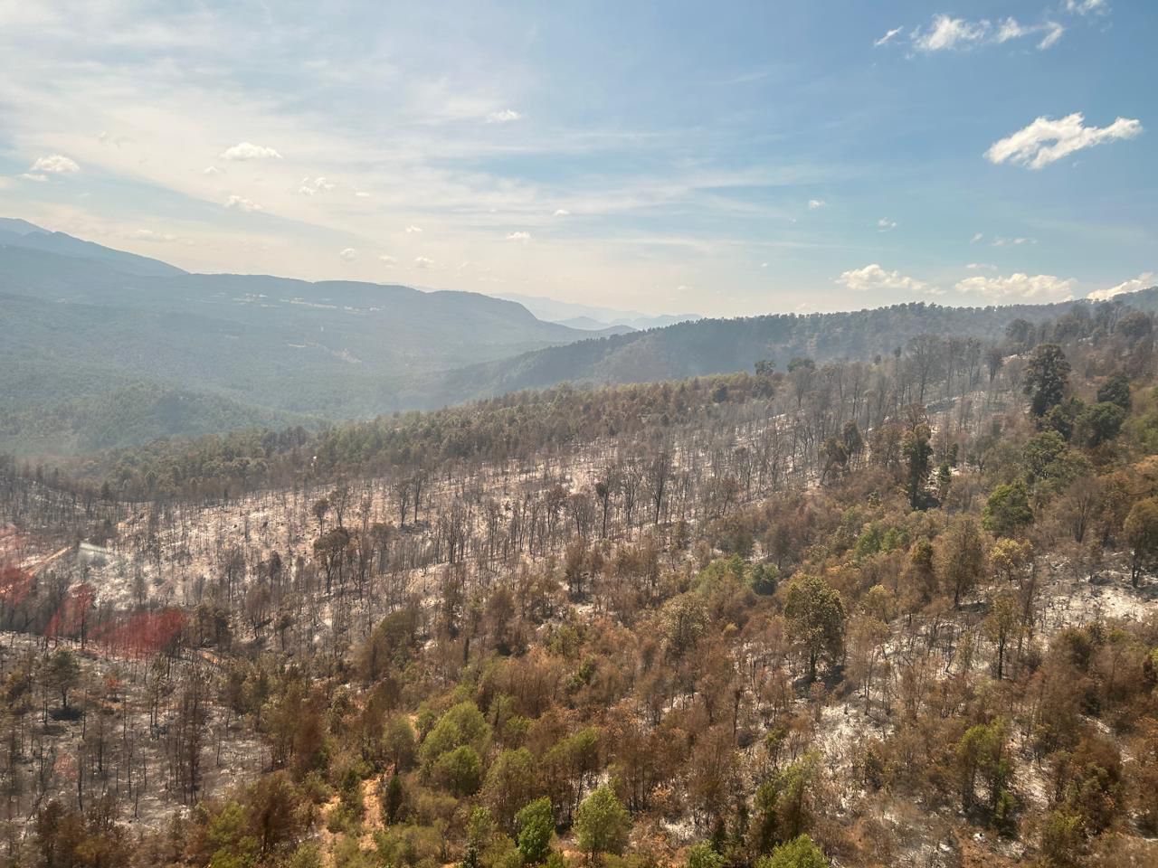 Con ayuda de helicóptero con helibalde apagan incendio forestal en Queréndaro