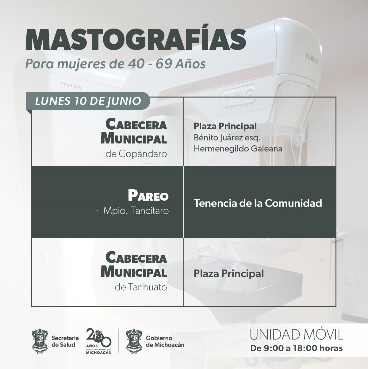 Realizará SSM mastografías gratuitas en 5 municipios de Michoacán