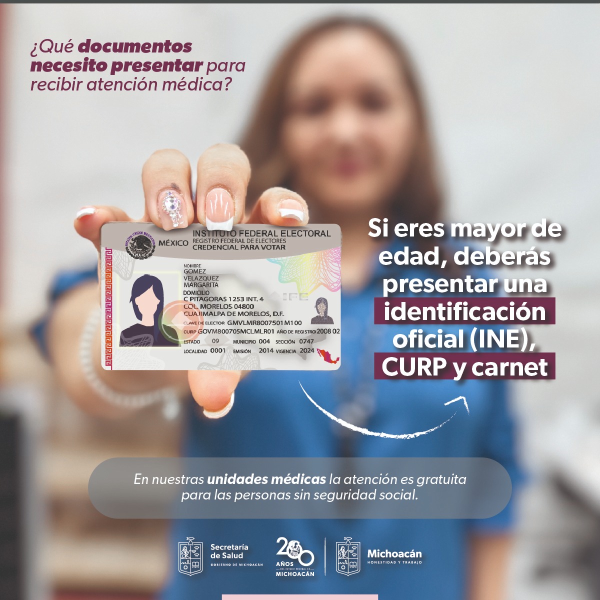 INE, Curp y Carnet, necesarios para recibir atención en centros de salud: SSM.