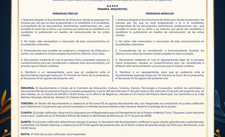 Emite Ayuntamiento de Zitácuaro convocatoria para recibir presea al Mérito Cívico SJNA