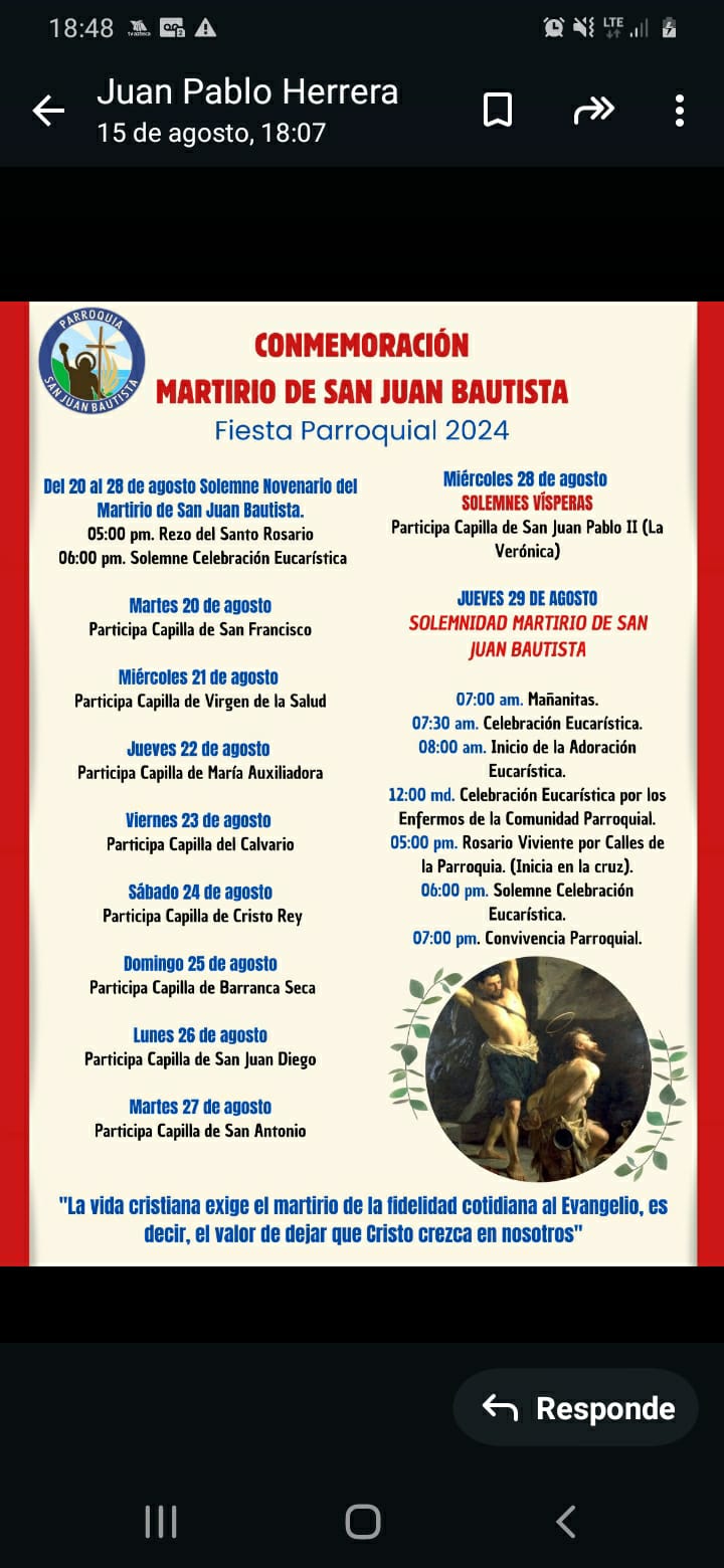En Parroquia de San Juan Bautista continúan novenario por martirio