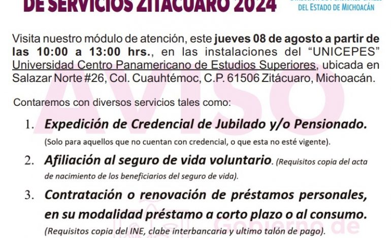 Pensiones Civiles realizará mañana Jornada Regional de Servicios en Zitácuaro.