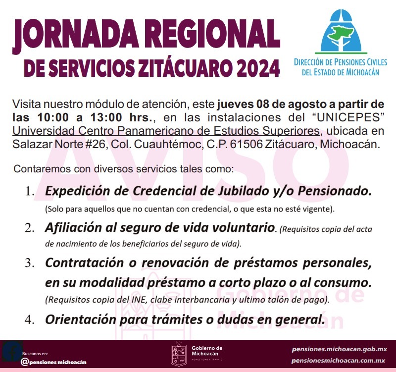 Pensiones Civiles realizará mañana Jornada Regional de Servicios en Zitácuaro.