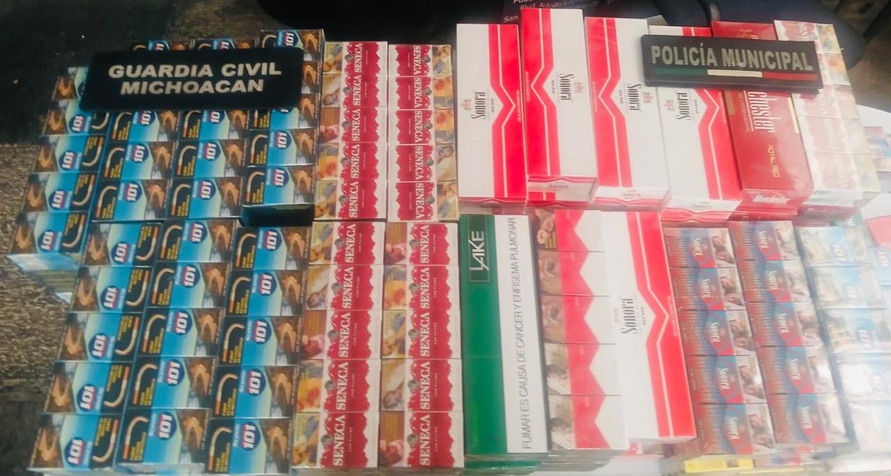 Aseguran SSP y Policía Municipal en Jacona, más de mil 300 cajetillas de cigarros apócrifos.
