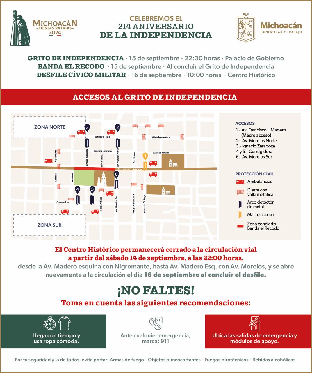 Estos son los cierres viales por las fiestas patrias en el Centro Histórico de Morelia.
