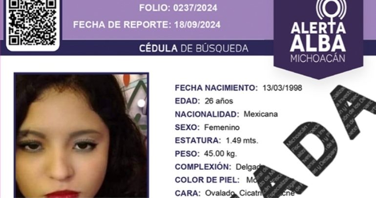 Localiza Fiscalía General  a mujer de 26 años, reportada como desaparecida en Morelia