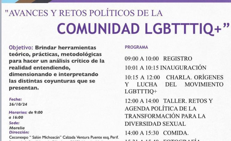 Morena Michoacán llevará a cabo “Avances y retos políticos de la Comunidad LGBTTTIQ+”