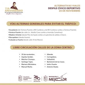 Conoce los cierres y vías alternas por el desfile del 20 de noviembre en el Centro de Morelia: SSP