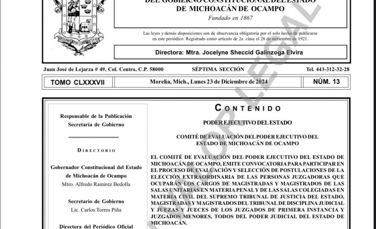 Publica el Comité de Evaluación del Poder Ejecutivo la convocatoria para magistrados y jueces del Poder Judicial