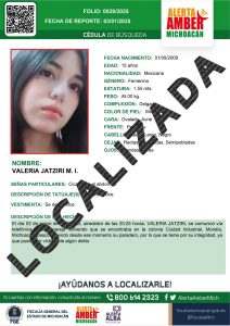 Localiza Fiscalía General  a V.J.M.I. y desactiva Alerta Amber, en Morelia