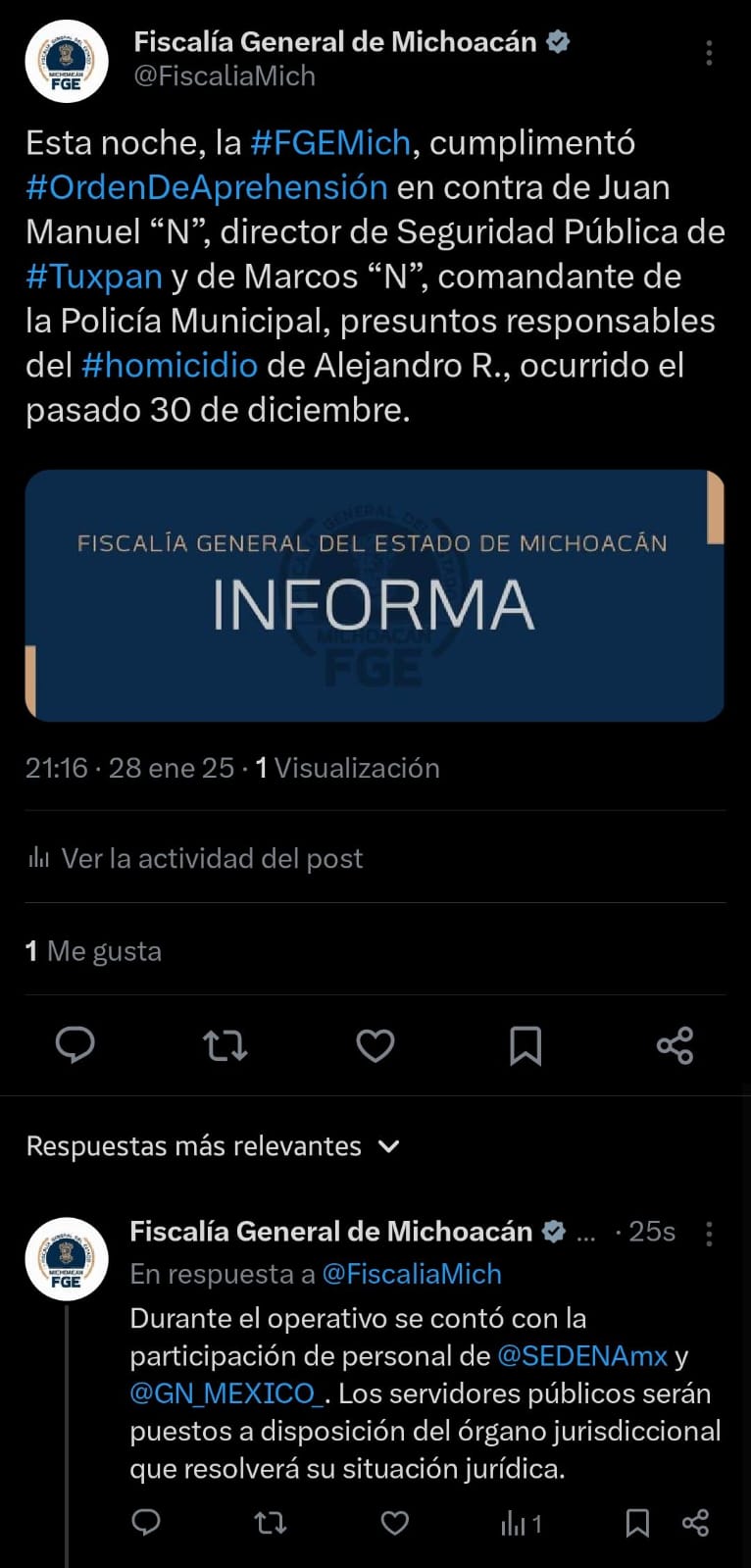 Cumplimenta FGE orden de aprehensión contra servidores públicos de Tuxpan, presuntos responsables de homicidio.