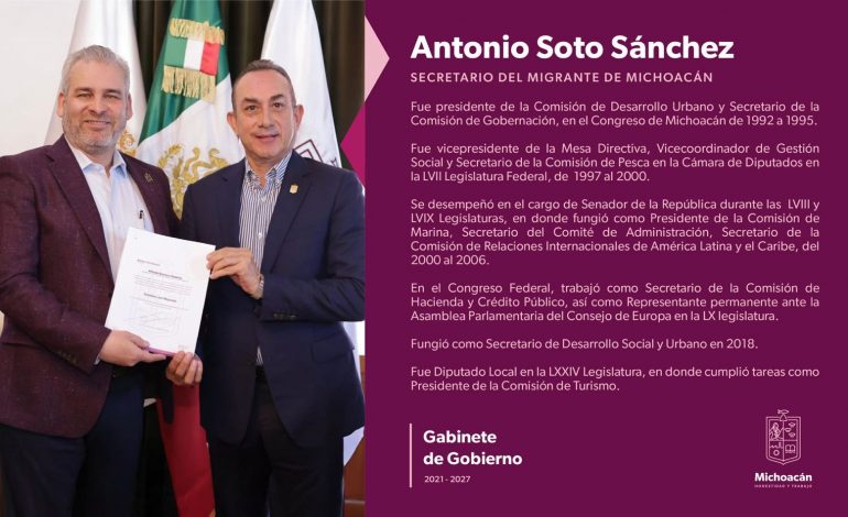 Bedolla nombra a Antonio Soto como nuevo secretario del Migrante.
