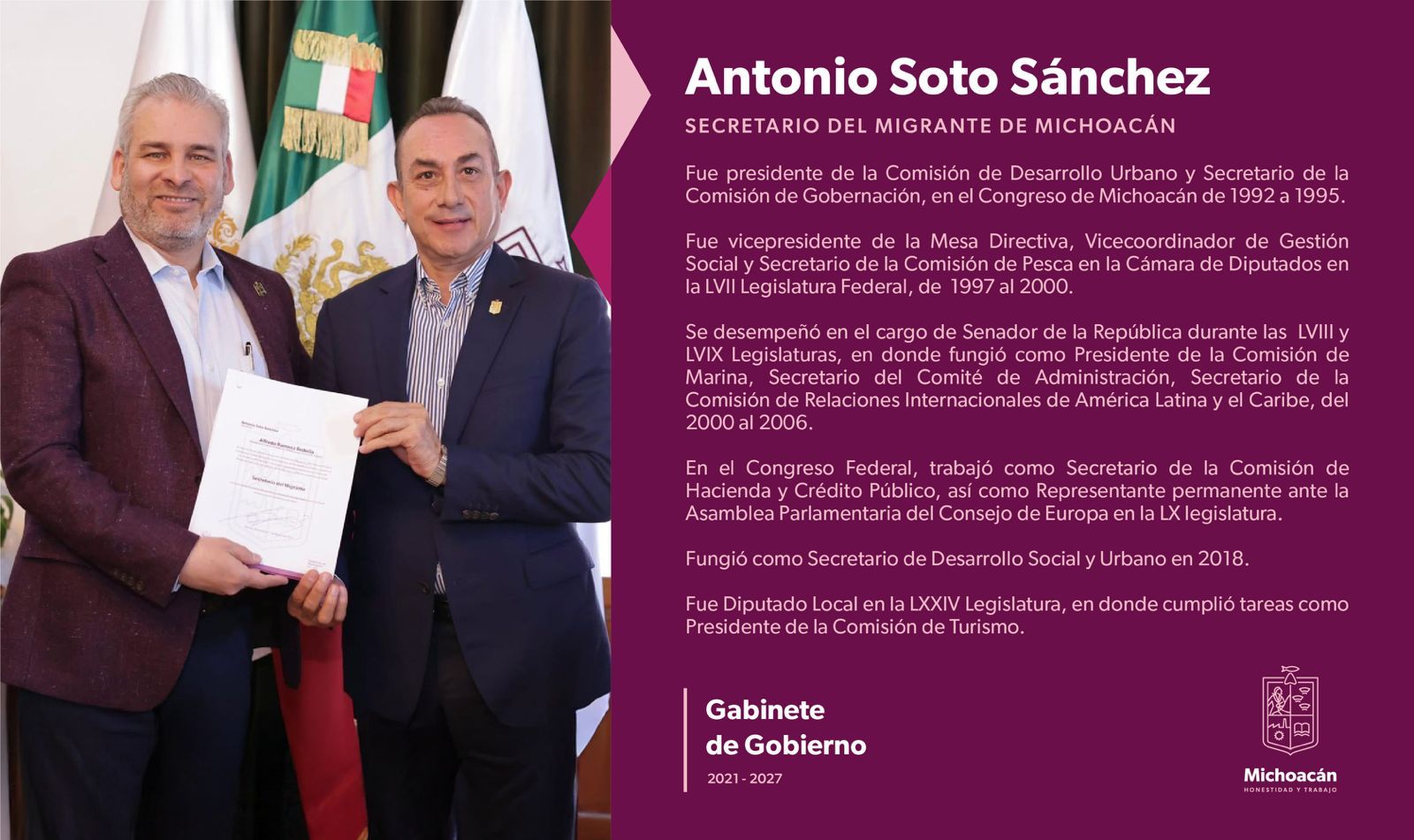 Bedolla nombra a Antonio Soto como nuevo secretario del Migrante.
