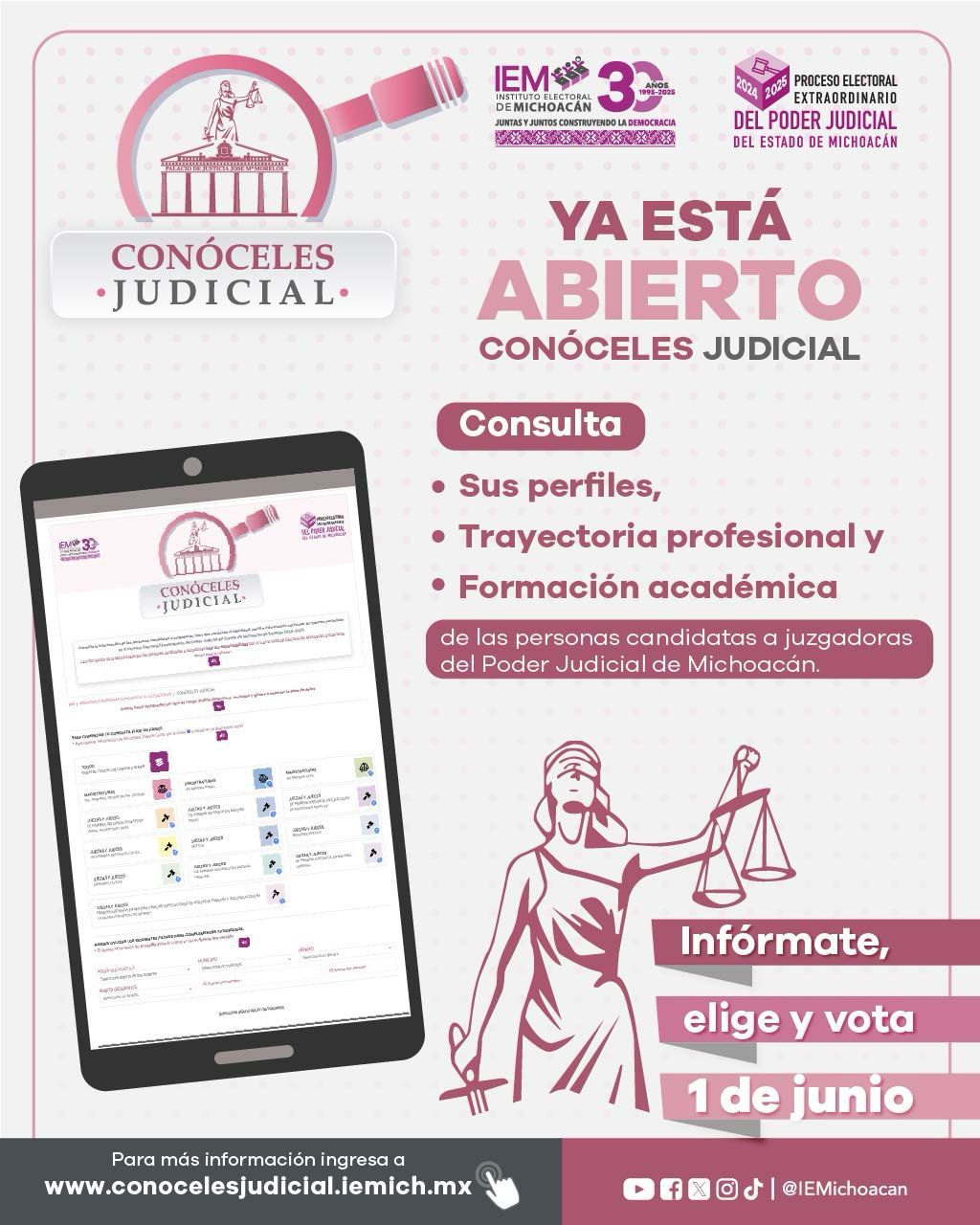 Consulta el perfil de quienes aspiran a impartir justicia en Michoacán el IEM pone a disposición de la ciudadanía el sistema “Conóceles Judicial”