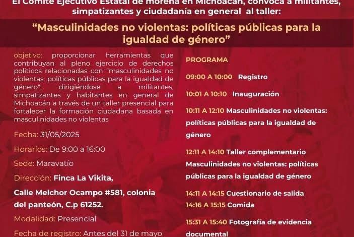 Convoca Morena Michoacán a taller sobre masculinidades no violentas