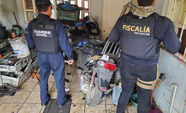 FGE ejecuta cateo a un taller de motocicletas en Morelia y asegura una unidad con reporte de robo y alteraciones en sus medios de identificación