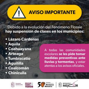 Por Tormenta Tropical Flossie se suspenderán clases en 8 municipios