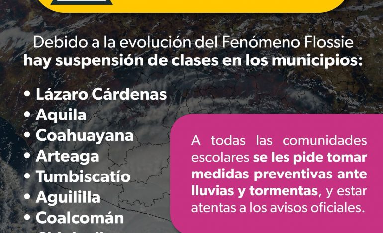 Por Tormenta Tropical Flossie se suspenderán clases en 8 municipios