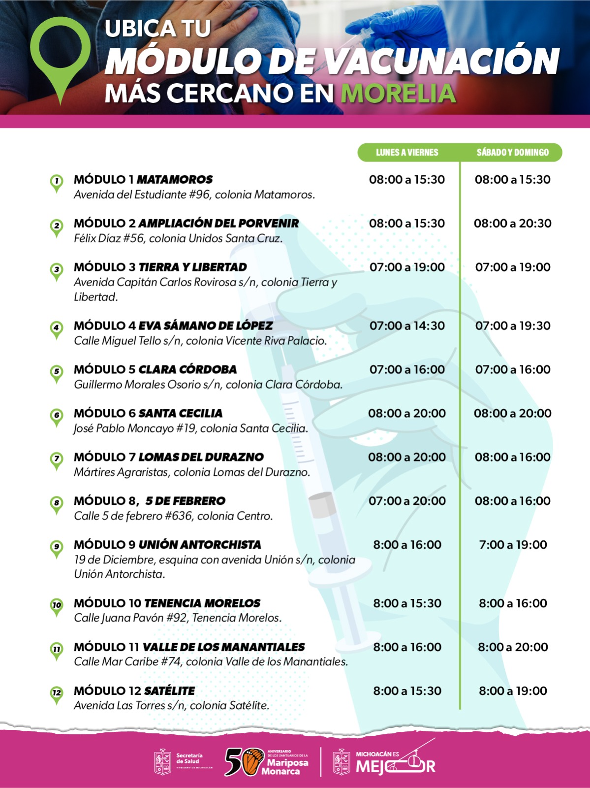 Vacuna contra sarampión disponible en módulos de vacunación en Morelia