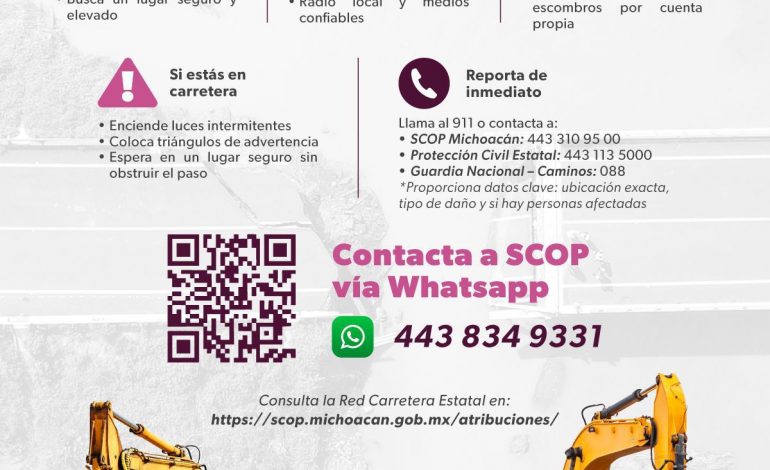SCOP activa línea para reportar deslaves en carreteras por lluvias.