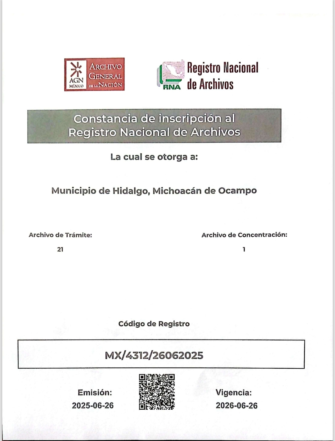 Municipio de Hidalgo, Michoacán, obtiene constancia de inscripción al Registro Nacional de Archivos.
