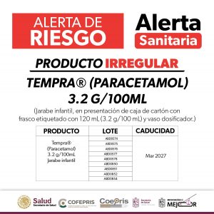 SSM emite alerta sanitaria por comercialización ilegal de Tempra®️ Jarabe Infantil