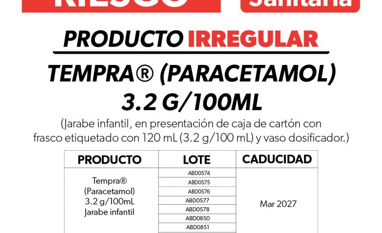SSM emite alerta sanitaria por comercialización ilegal de Tempra®️ Jarabe Infantil