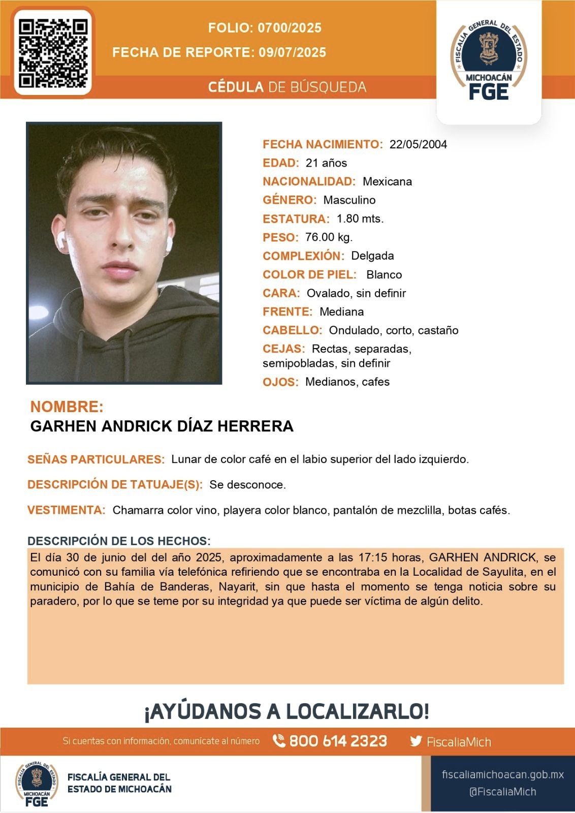 Zitácuaro se une a la búsqueda de Garhen Andrick, joven desaparecido en Nayarit