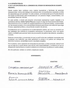 Colectivos de búsqueda de personas respaldan a Torres Piña para encabezar la Fiscalía General.