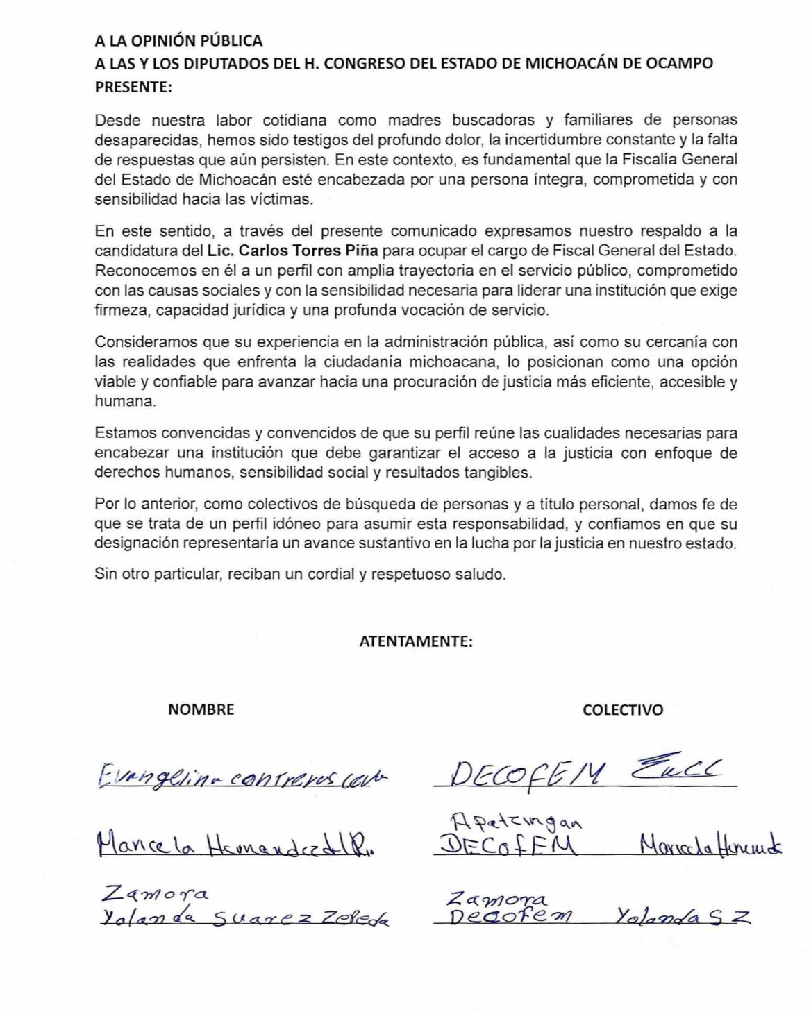 Colectivos de búsqueda de personas respaldan a Torres Piña para encabezar la Fiscalía General.