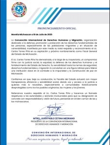 Convención Internacional de Derechos Humanos y Migración se pronuncia a favor de Torres Piña rumbo a la FGE.