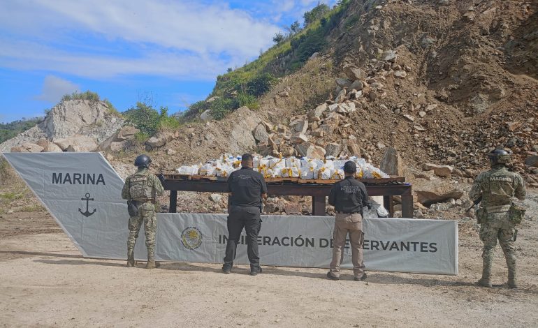 FGR EN COORDINACIÓN CON MARINA INCINERAN MÁS DE UNA TONELADA DE CLORHIDRATO DE COCAÍNA DECOMISADA EN GUERRERO
