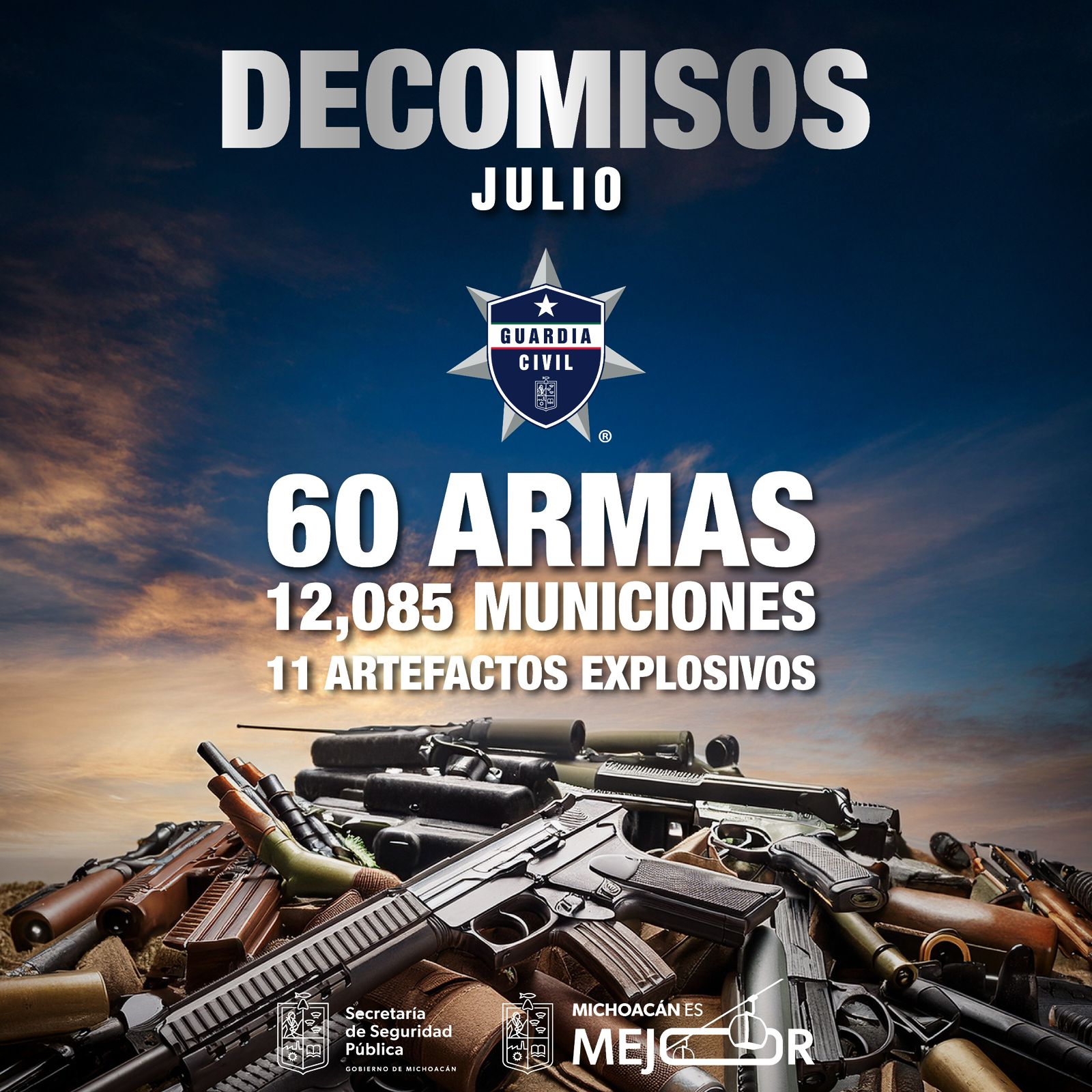 En julio, SSP aseguró 60 armas de fuego y 11 explosivos en operativos en Michoacán