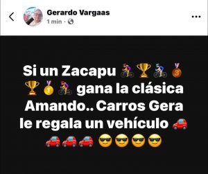 Empresario ofrece un auto para el ciclista local que gane la Clásica de Zacapu.