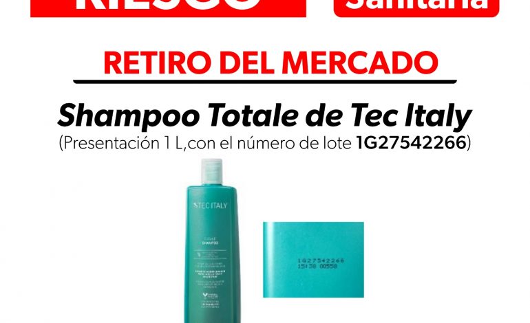 SSM alerta sobre retiro de lote contaminado de Shampoo Totale de Tec Italy
